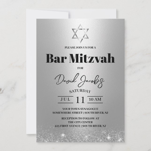 Bar Mitzvah Jewish Star of David Modern Silver Invitation (Front)