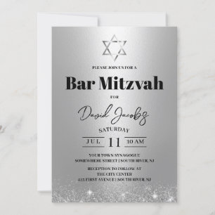 Bar Mitzvah Jewish Star of David Modern Silver Invitation