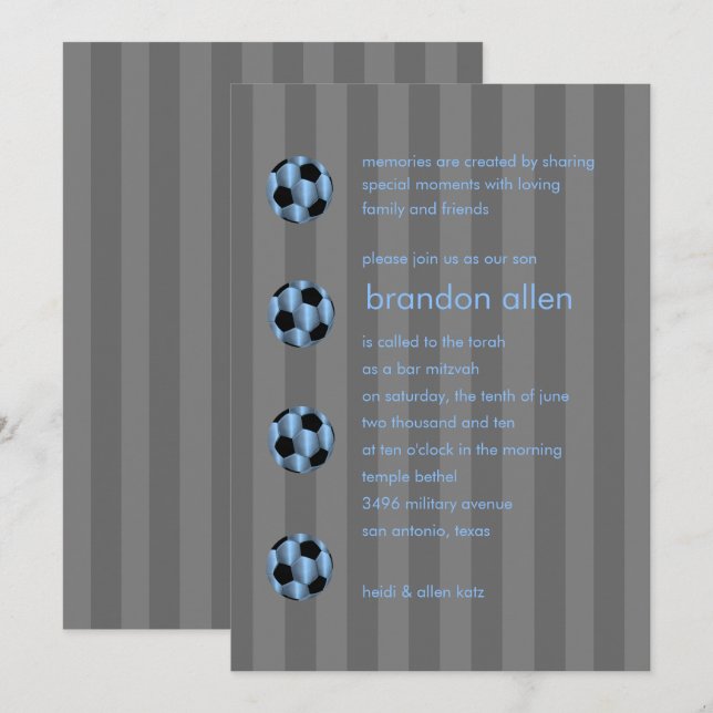 Bar Mitzvah Light Blue and Black Soccer Ball Invitation (Front/Back)