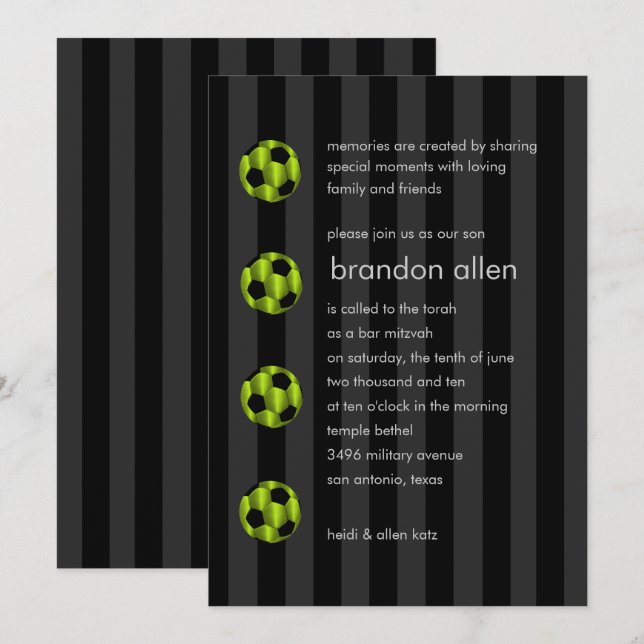 Bar Mitzvah Lime Green and Black Soccer Ball Invitation (Front/Back)