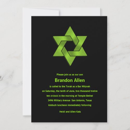 Bar Mitzvah Lime Green on Black, Star of David Personalized Announcement