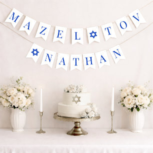 Bar Mitzvah Mazel Tov 6 Letter Boy Name Blue White Bunting Flags