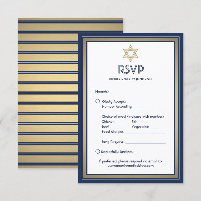 Bar Mitzvah Meal Options Song Request Blue Gold RSVP Card (Front/Back)