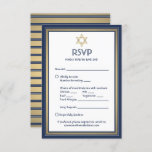 Bar Mitzvah Meal Options Song Request Blue Gold RSVP Card<br><div class="desc">Compliment navy and gold bar mitzvah invitations with elegant RSVP response cards. All text is simple to customize or delete as needed. Card includes meal choices, food allergies, song request, and option to reply via website or email. The navy blue, gold, and white design features a faux foil Star of...</div>
