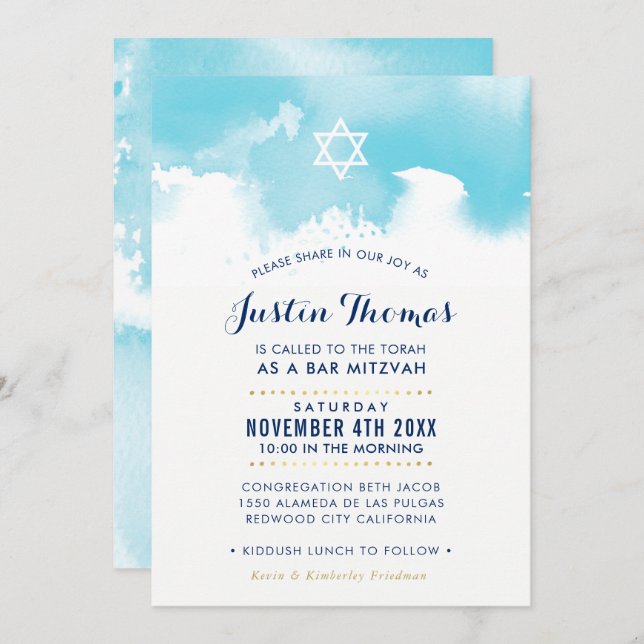 BAR MITZVAH modern aqua blue watercolor invite (Front/Back)