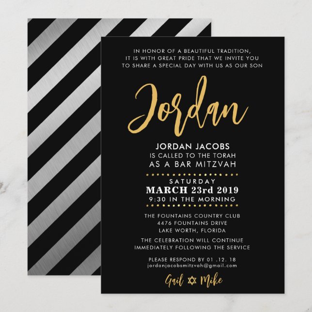 Bar Mitzvah modern black + gold calligraphy Invitation (Front/Back)