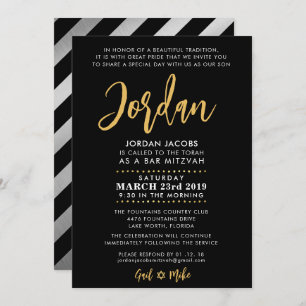 Bar Mitzvah modern black + gold calligraphy Invitation