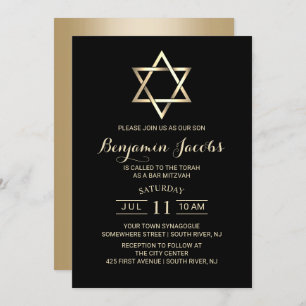 Bar Mitzvah Modern Black & Gold Jewish Invitation