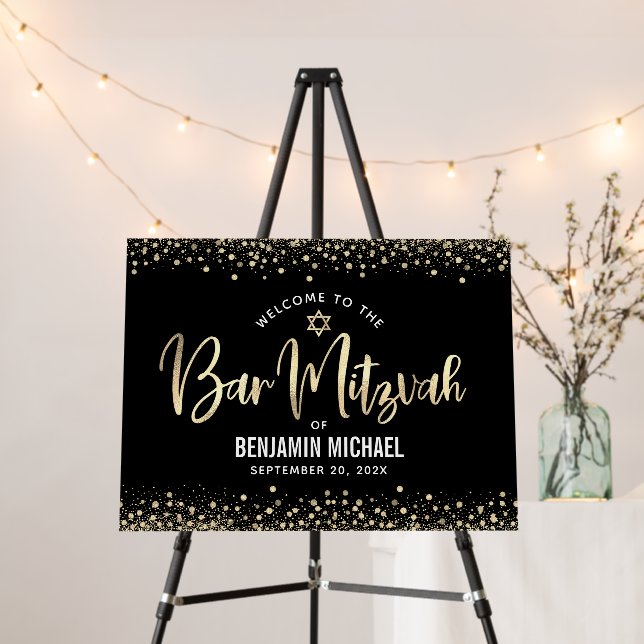 Bar Mitzvah Modern Black Gold Script Bold Welcome Foam Board (In Situ (Stand))
