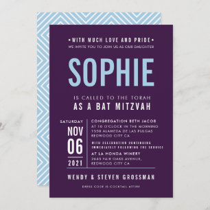 BAR MITZVAH modern block type aubergine pale blue Invitation
