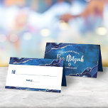 Bar Mitzvah Modern Blue Agate Galaxy Watercolor Place Card<br><div class="desc">No Bar Mitzvah party is complete without personalized place cards. Let your favorite Bar Mitzvah be proud, rejoice and celebrate his milestone at his perfectly coordinated party. Navy blue typography overlays a simple, white background with steel blue agate rocks accented with faux silver veins top and bottom. On the back,...</div>