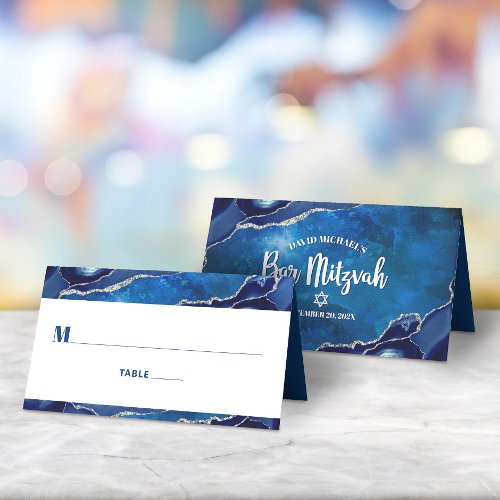 Bar Mitzvah Modern Blue Agate Galaxy Watercolor Place Card