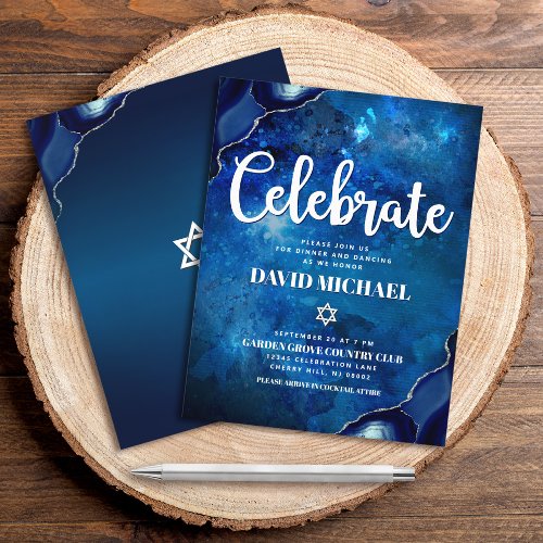 Bar Mitzvah Modern Blue Agate Watercolor Script  Enclosure Card