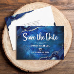 Bar Mitzvah Modern Blue Agate Watercolor Script Save The Date<br><div class="desc">Make sure all your friends and relatives will be able to celebrate your son’s milestone Bar Mitzvah! Send out this cool, unique, modern, personalized “Save the Date” announcement card. White script typography and Star of David overlay a deep blue galaxy watercolor background with navy blue agate accented with faux silver...</div>