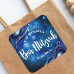 Bar Mitzvah Modern Blue Agate Watercolor Script  Square Sticker<br><div class="desc">Be proud, rejoice and showcase this milestone of your favorite Bar Mitzvah! Use this cool, unique, modern, personalized sticker to add to his special day. White script typography and Star of David overlay a deep blue galaxy watercolor background with navy blue agate accented with faux silver veins. Personalize the custom...</div>