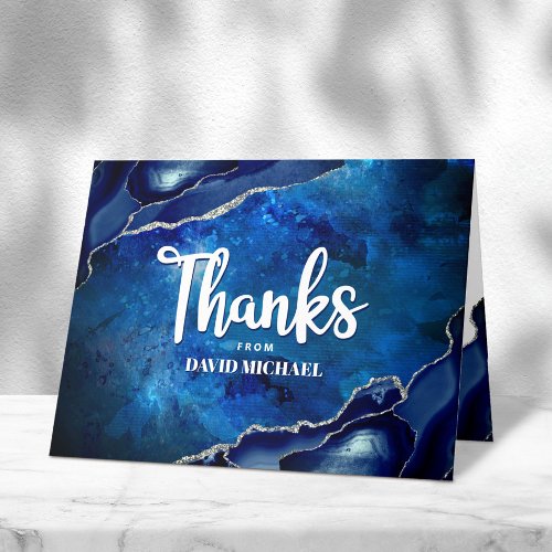 Bar Mitzvah Modern Blue Agate Watercolor Script  Thank You Card