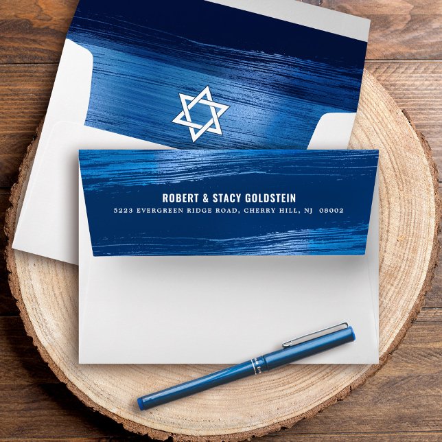 Bar Mitzvah Modern Blue Metallic Return Address Envelope (Creator Uploaded)