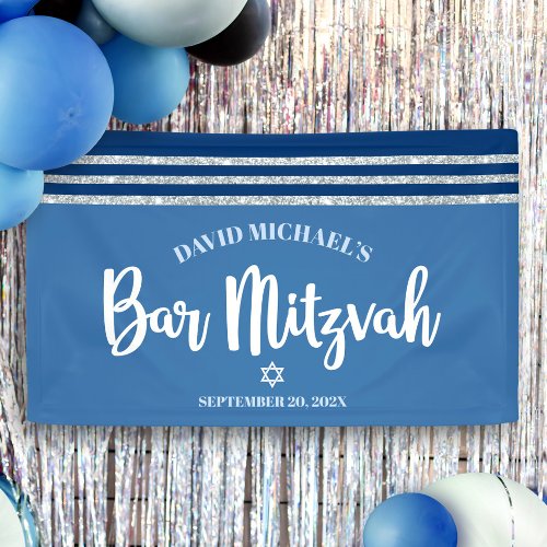 Bar Mitzvah Modern Blue Silver Tallit Bold Script Banner