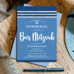 Bar Mitzvah Modern Blue Silver Tallit Bold Script  Invitation<br><div class="desc">Be proud, rejoice and showcase this milestone of your favorite Bar Mitzvah! Send out this cool, unique, modern, personalized invitation for an event to remember. Bold, white script typography, Star of David and a navy blue and silver glitter striped tallit inspired graphic overlay a simple, cornflower blue background. Personalize the...</div>