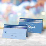 Bar Mitzvah Modern Blue Silver Tallit Bold Script Place Card<br><div class="desc">No Bar Mitzvah party is complete without personalized place cards. Let your favorite Bar Mitzvah be proud, rejoice and celebrate his milestone at his perfectly coordinated party. Bold, navy blue typography and a navy blue and faux silver glitter striped tallit inspired graphic overlay a simple, light cornflower blue background. On...</div>
