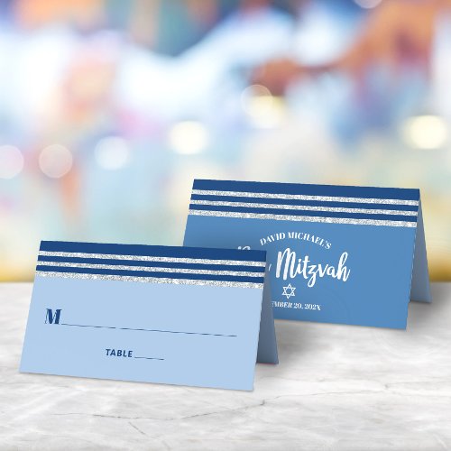 Bar Mitzvah Modern Blue Silver Tallit Bold Script Place Card