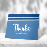 Bar Mitzvah Modern Blue Silver Tallit Bold Script Thank You Card<br><div class="desc">Make sure your favorite Bar Mitzvah shows his appreciation to all who supported his milestone event! Send out this cool, unique, modern, personalized thank you card. Bold, white script typography, Star of David and a navy blue and silver glitter striped tallit inspired graphic overlay a simple, cornflower blue background. Another...</div>