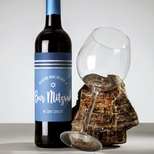 Bar Mitzvah Modern Blue Silver Tallit Bold Script  Wine Label (Creator Uploaded)