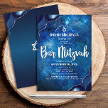Bar Mitzvah Modern Blue Watercolor Agate Script Invitation<br><div class="desc">Be proud, rejoice and showcase this milestone of your favorite Bar Mitzvah! Send out this cool, unique, modern, personalized invitation for an event to remember. White script typography and Star of David overlay a deep blue galaxy watercolor background with steel blue agate accented with faux silver veins. Personalize the custom...</div>