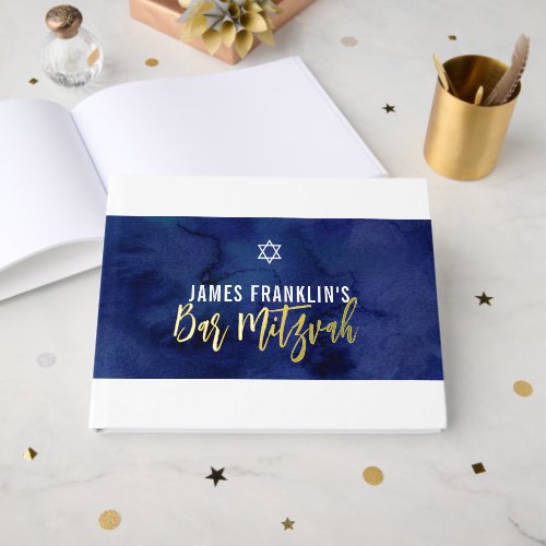 BAR MITZVAH modern blue watercolor gold writing