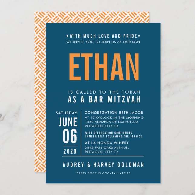 BAR MITZVAH modern bold block dark blue orange Invitation (Front/Back)