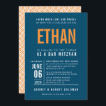 BAR MITZVAH modern bold block dark blue orange Invitation<br><div class="desc">by kat massard >>> WWW.SIMPLYSWEETPAPERIE.COM <<< - - - - - - - - - - - - CONTACT ME to help with balancing your type perfectly Love the design, but would like to see some changes - another color scheme, product, add a photo or adapted for a different occasion...</div>