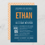 BAR MITZVAH modern bold block dark blue orange Invitation<br><div class="desc">by kat massard >>> WWW.SIMPLYSWEETPAPERIE.COM <<< - - - - - - - - - - - - CONTACT ME to help with balancing your type perfectly Love the design, but would like to see some changes - another color scheme, product, add a photo or adapted for a different occasion...</div>