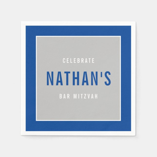 BAR MITZVAH modern bold block royal blue gray Napkins (Front)