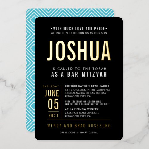 BAR MITZVAH modern bold block type black blue gold Foil Invitation