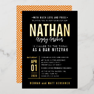 BAR MITZVAH modern bold block type black orange Foil Invitation