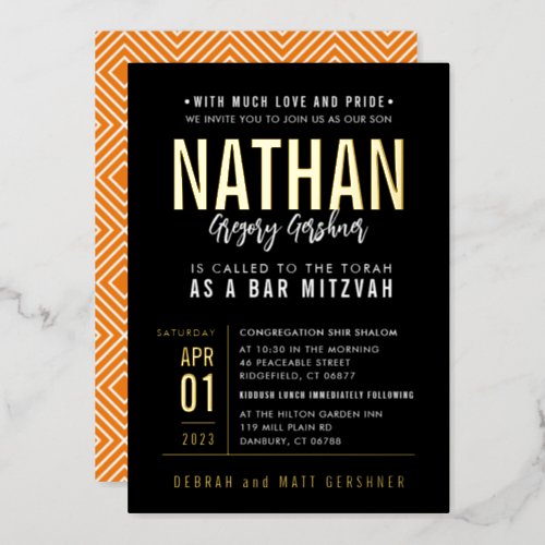 BAR MITZVAH modern bold block type black orange  Foil Invitation