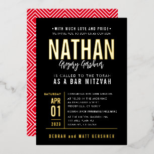BAR MITZVAH modern bold block type black red gold Foil Invitation
