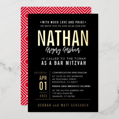 BAR MITZVAH modern bold block type black red gold Foil Invitation