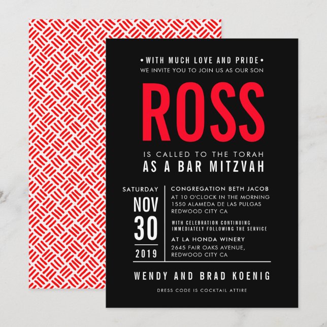 BAR MITZVAH modern bold block type black red Invitation (Front/Back)
