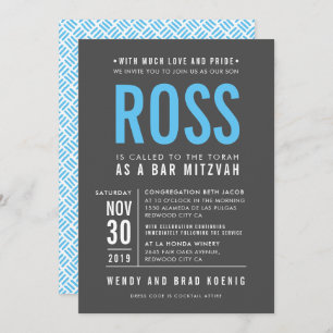 BAR MITZVAH modern bold block type gray aqua blue Invitation