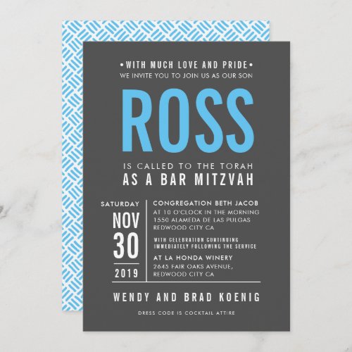 BAR MITZVAH modern bold block type gray aqua blue Invitation