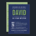 BAR MITZVAH modern bold block type navy blue green Invitation<br><div class="desc">by kat massard >>> WWW.SIMPLYSWEETPAPERIE.COM <<< - - - - - - - - - - - - CONTACT ME to help with balancing your type perfectly Love the design, but would like to see some changes - another color scheme, product, add a photo or adapted for a different occasion...</div>
