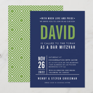 BAR MITZVAH modern bold block type navy blue green Invitation