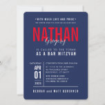 BAR MITZVAH modern bold block type navy blue red I Invitation<br><div class="desc">by kat massard >>> WWW.SIMPLYSWEETPAPERIE.COM <<< - - - - - - - - - - - - CONTACT ME to help with balancing your type perfectly Love the design, but would like to see some changes - another color scheme, product, add a photo or adapted for a different occasion...</div>