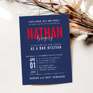 BAR MITZVAH modern bold block type navy blue red I Invitation