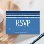 Bar Mitzvah Modern Bold Blue Silver Tallit Script  RSVP Card<br><div class="desc">Be proud, rejoice and celebrate this milestone of your favorite Bar Mitzvah with this cool, unique, modern, personalized RSVP insert card for your event! Bold, white script typography, Star of David and a navy blue and silver glitter striped tallit inspired graphic overlay a simple, cornflower blue background. Personalize the custom...</div>