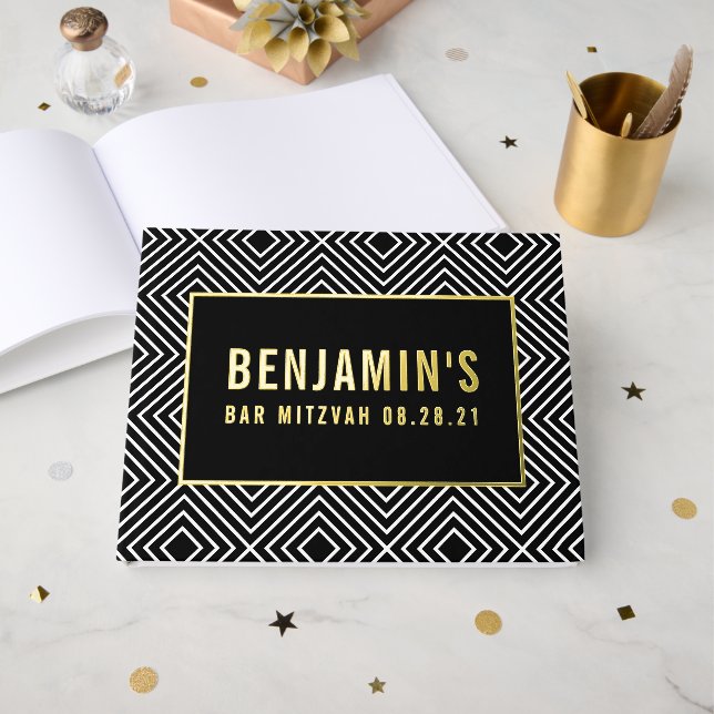BAR MITZVAH modern bold geometric pattern black Foil Guest Book (Front Open)