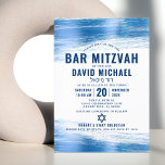 Bar Mitzvah Modern Bold Navy Typography Blue Foil  Invitation<br><div class="desc">Be proud, rejoice and showcase this milestone of your favorite Bar Mitzvah! Send out this cool, unique, modern, personalized invitation for an event to remember. Metallic light blue foil brush strokes, along with bold, navy blue typography and Star of David, overlay a simple, white background. Personalize the custom text with...</div>