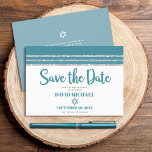 Bar Mitzvah Modern Bold Teal Silver Tallit Script  Save The Date<br><div class="desc">Make sure all your friends and relatives will be able to celebrate your son’s milestone Bar Mitzvah! Send out this cool, unique, modern, personalized “Save the Date” announcement card. Bold, dusty teal blue green script typography, Star of David and a dusty teal blue green and silver glitter striped tallit inspired...</div>