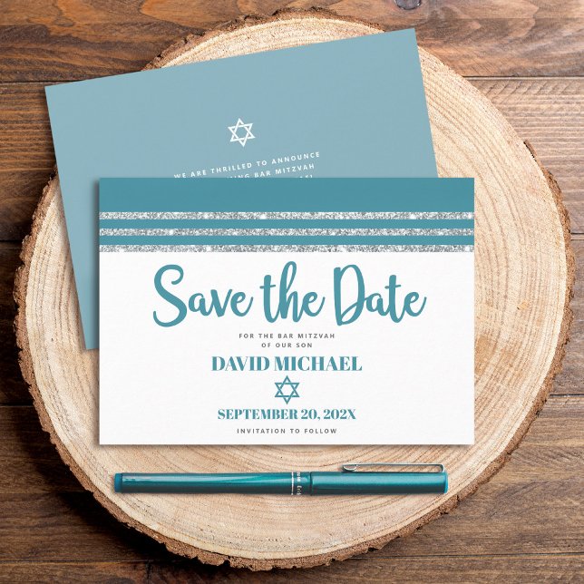 Bar Mitzvah Modern Bold Teal Silver Tallit Script  Save The Date (Creator Uploaded)